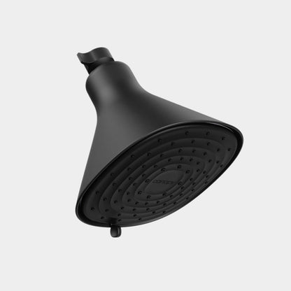 A matte black, cone-shaped Canopy Filtered Showerhead with a wide circular spray face and many small nozzles, fulfilled by Canopy, shown against a plain light gray background.