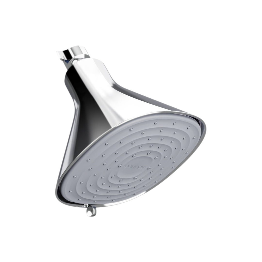The Canopy Filtered Showerhead features a wide, round chrome face with multiple small nozzles, delivering a relaxing shower experience.