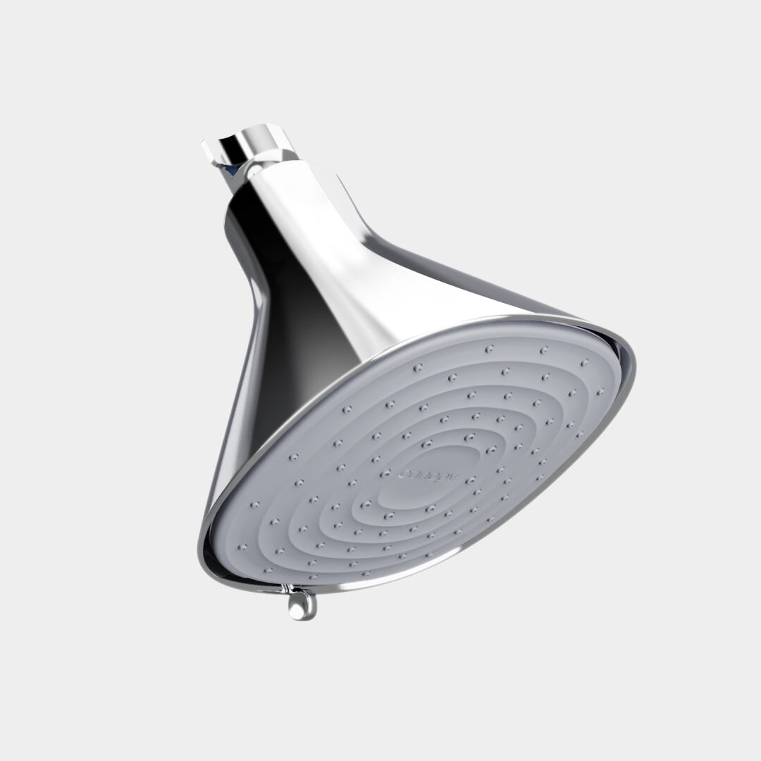 The Canopy Filtered Showerhead features a modern, cone-shaped chrome design with a round, flat face and multiple small water nozzles. Fulfilled by Canopy, it is showcased against a plain light gray background.