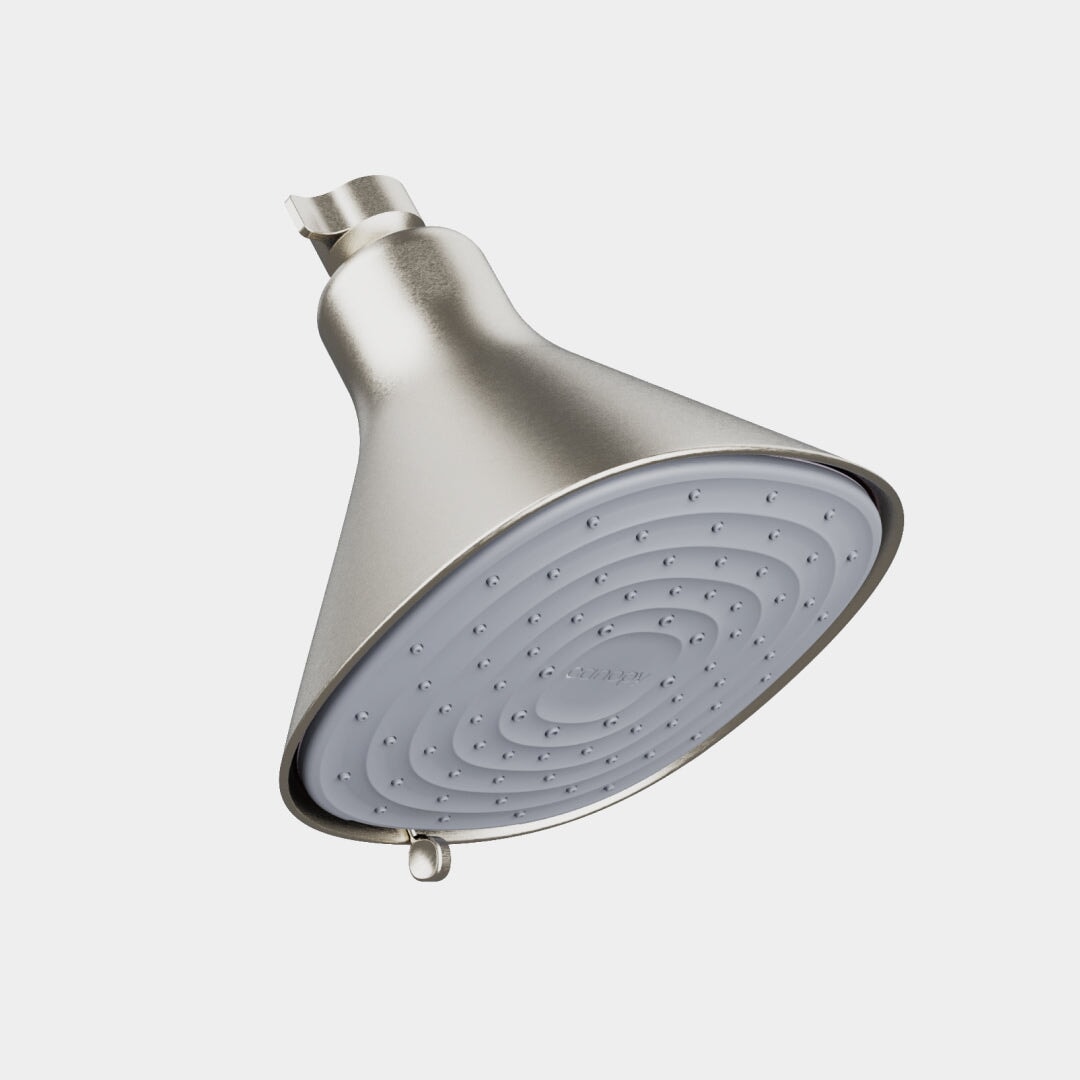 The Canopy Filtered Showerhead features a silver metal finish with a wide, round face and small water holes, shown from the side against a white background. Enjoy easy, reliable delivery fulfilled by Canopy.