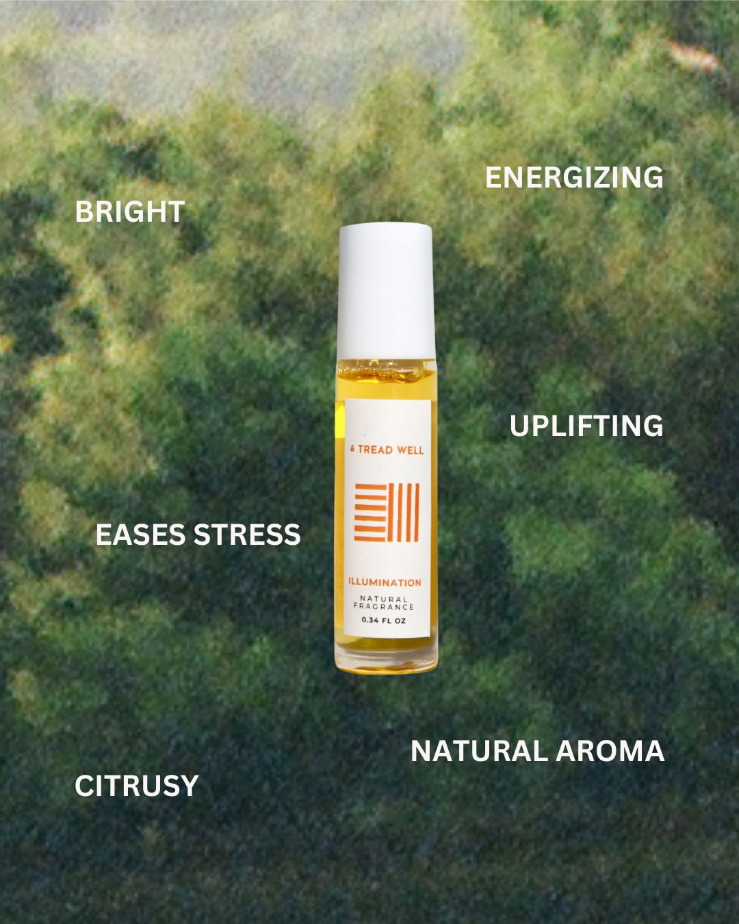 A small "& Tread Well Natural Fragrance – Illumination" roller bottle stands before a blurred green background, surrounded by words: bright, energizing, uplifting, stress relief, citrusy, and natural aromatherapy aroma.