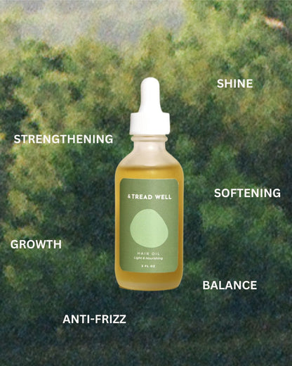 A green dropper bottle labeled “& Tread Well Hair Oil” sits centered against a blurred green background. Surrounding words highlight its strengthening, growth, shine, softening, and anti-frizz benefits for healthier hair.