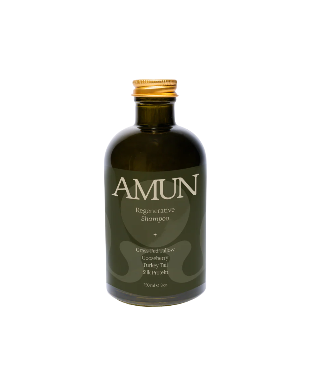 A dark green 250 ml (8 oz) bottle of Amun Organics REGENERATIVE SHAMPOO with a gold cap, infused with grass-fed tallow, gooseberry, turkey tail, and silk protein for scalp rejuvenation.