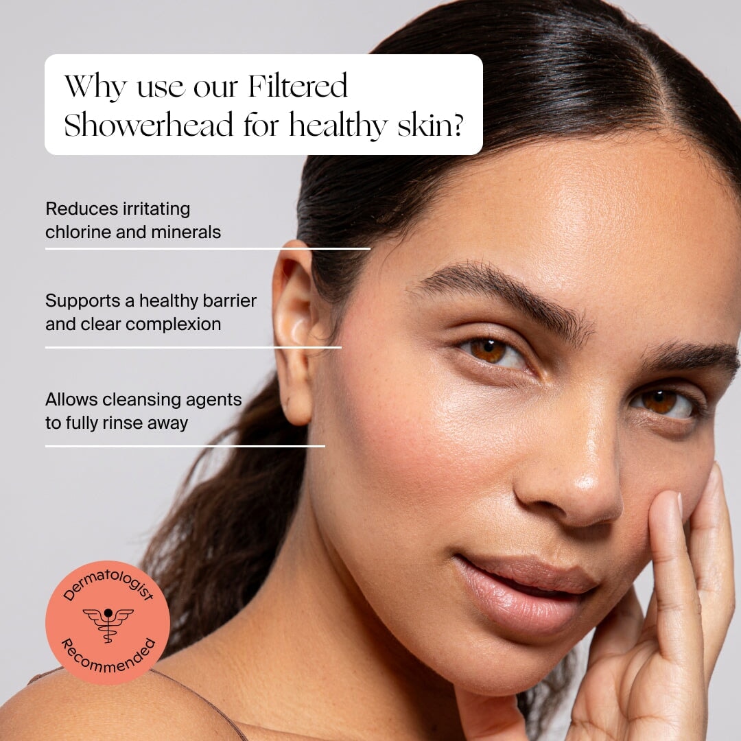 Close-up of a woman with glowing skin touching her face, with text highlighting Canopy Filtered Showerhead's benefits: reduced chlorine, healthier complexion, improved rinsing. "Dermatologist Recommended" badge shown. Fulfilled by Canopy.