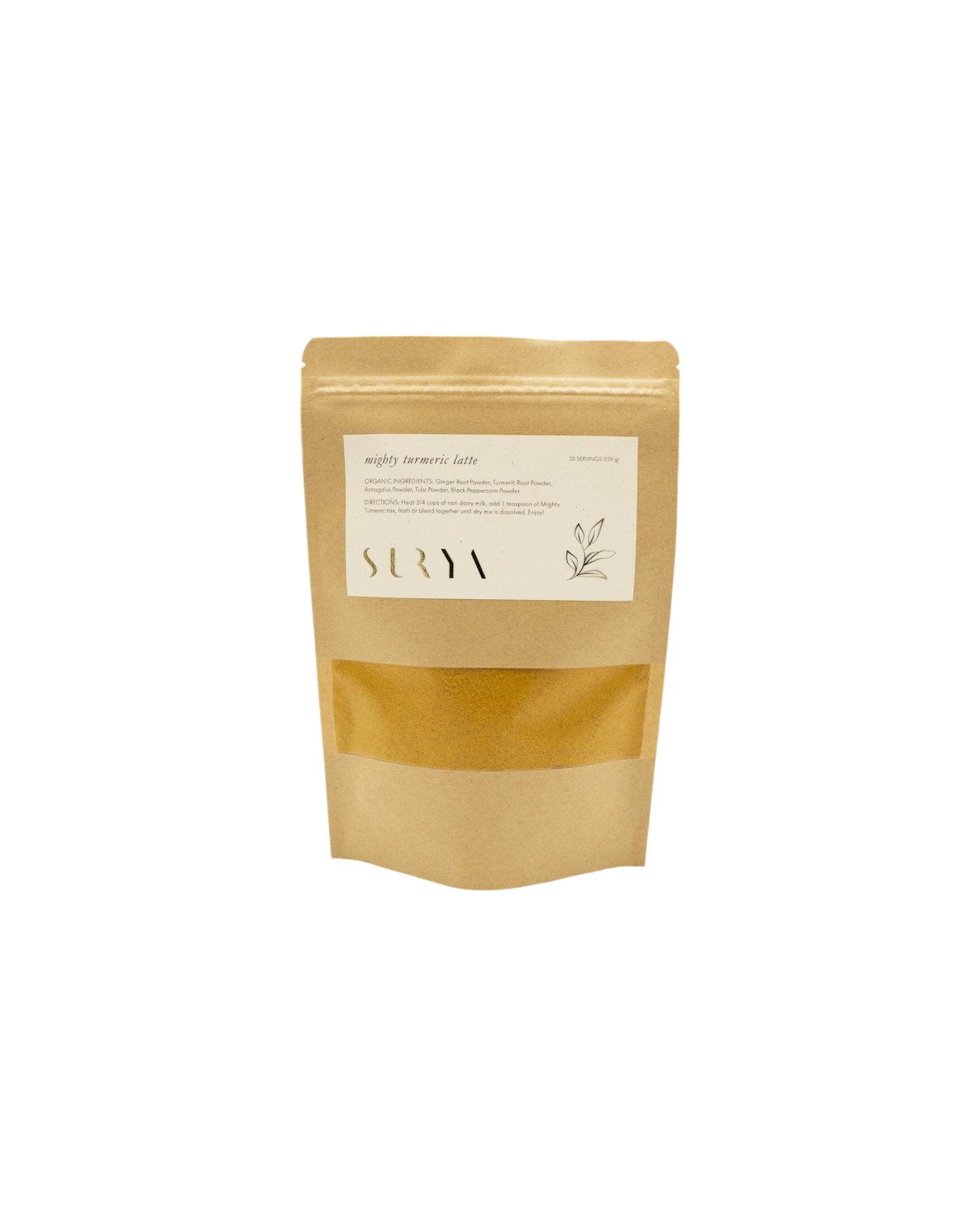 A brown kraft paper pouch labeled "Mighty Turmeric Latte" from Surya highlights its role in your wellness routine. Featuring white text, a simple plant design, and a transparent window showing the contents inside, this Ayurvedic latte mix prominently displays the brand name "Surya" on the label.