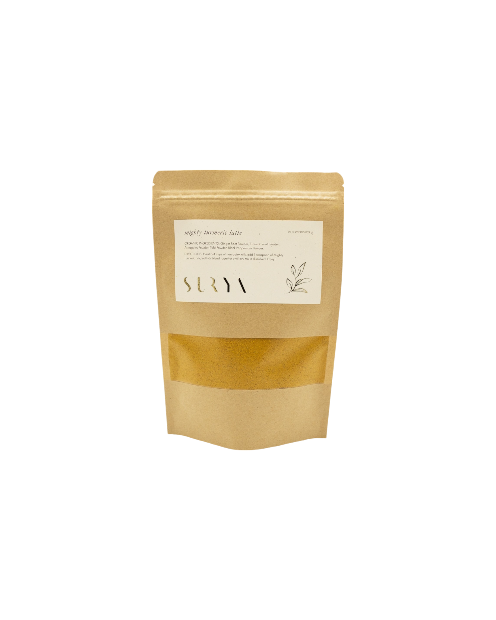 A brown kraft paper pouch labeled "Mighty Turmeric Latte" from Surya highlights its role in your wellness routine. Featuring white text, a simple plant design, and a transparent window showing the contents inside, this Ayurvedic latte mix prominently displays the brand name "Surya" on the label.