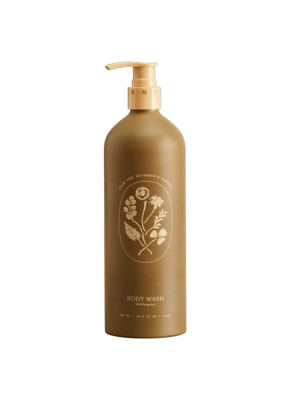 A brown bottle of My Neighbor’s Tallow Wild Bergamot Body Wash with a gold pump, elegant floral label, and gold text, crafted with organic ingredients and shown against a solid black background.