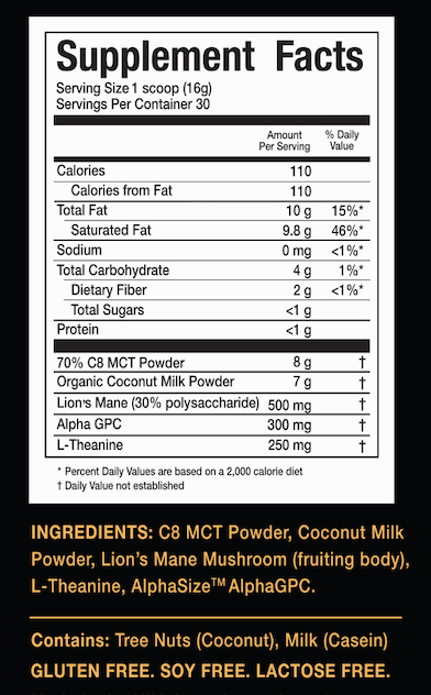Dietary product facts label features calories, fat, sodium, total carbohydrates, protein, C8 MCT Powder, coconut milk and additional ingredients. Enriched with Keto Brainz Nootropic Creamer from Keto Brainz Nootropics to enhance cognitive performance. Emphasizes gluten-free and soy-free properties but may contain tree nuts, posing potential allergy concerns.