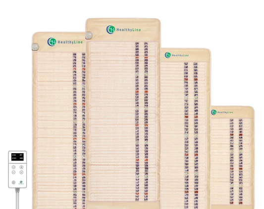 Four SOFT Series Far Infrared Heating Mats by HealthyLine in different sizes are displayed upright, control panel on the left. Each mat contains vertical rows of Amethyst, Jade, and Tourmaline gemstones for Negative Ion Therapy.