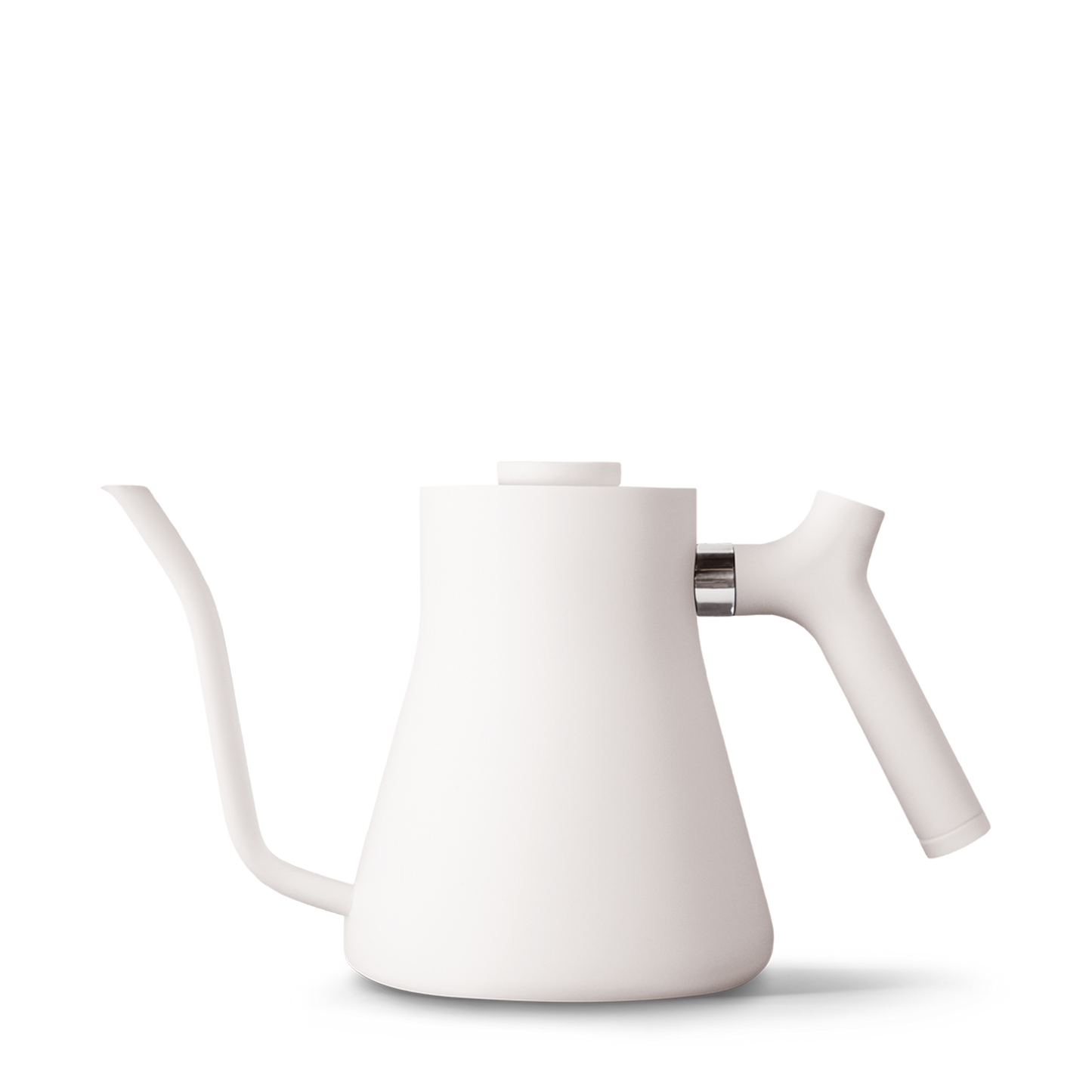 The image displays a Stagg Pour-Over Kettle by Fellow Wholesale, featuring a long, curved precision pour spout and an ergonomic, counterbalanced handle. The white kettle boasts a minimalist design and appears to be made of metal.