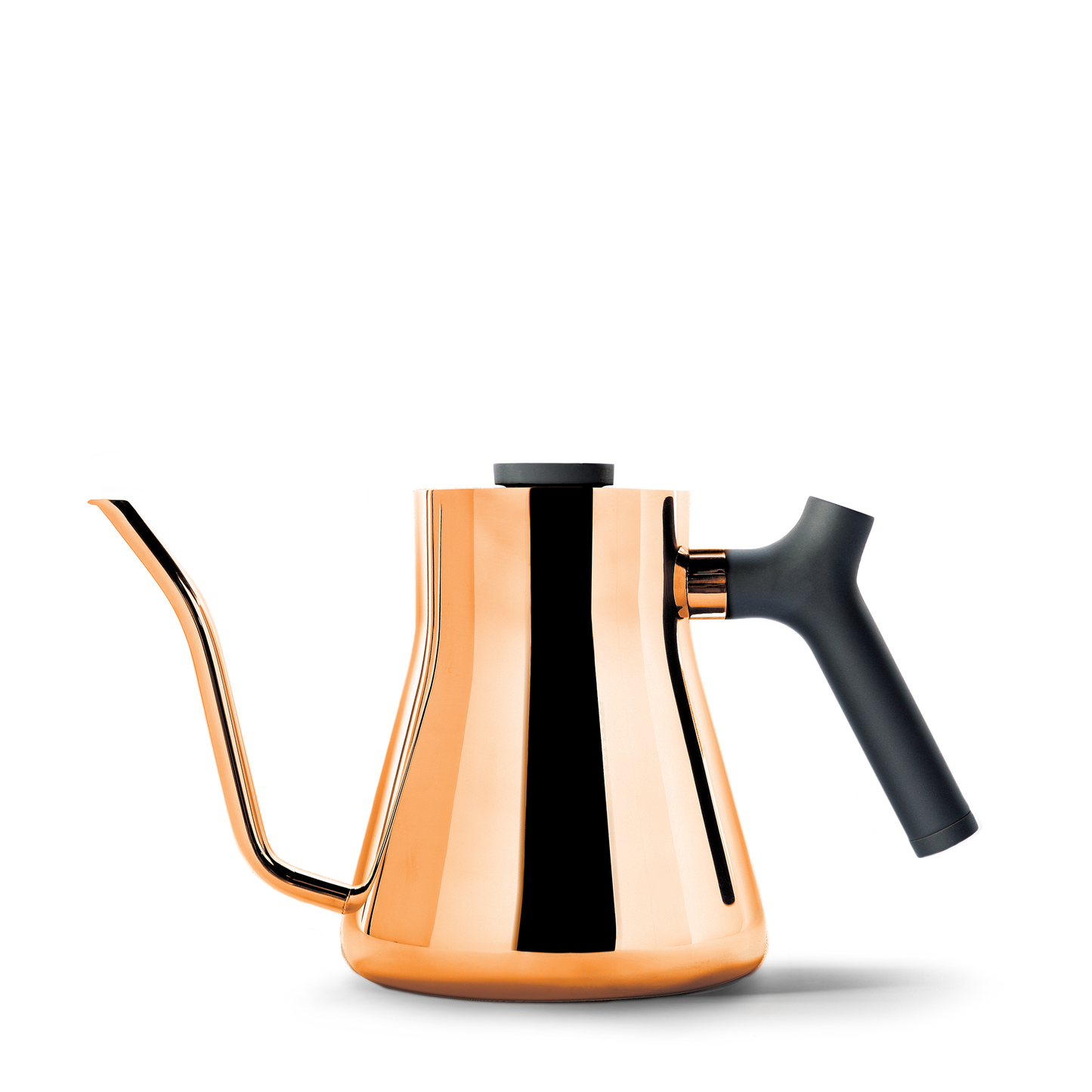 The Stagg Pour-Over Kettle by Fellow Wholesale features a sleek copper exterior with a black handle and knob. Its elegantly curved spout ensures precise pouring, while the counterbalanced handle provides added stability. This modern design is perfect for any contemporary kitchen, all set against a plain white background.