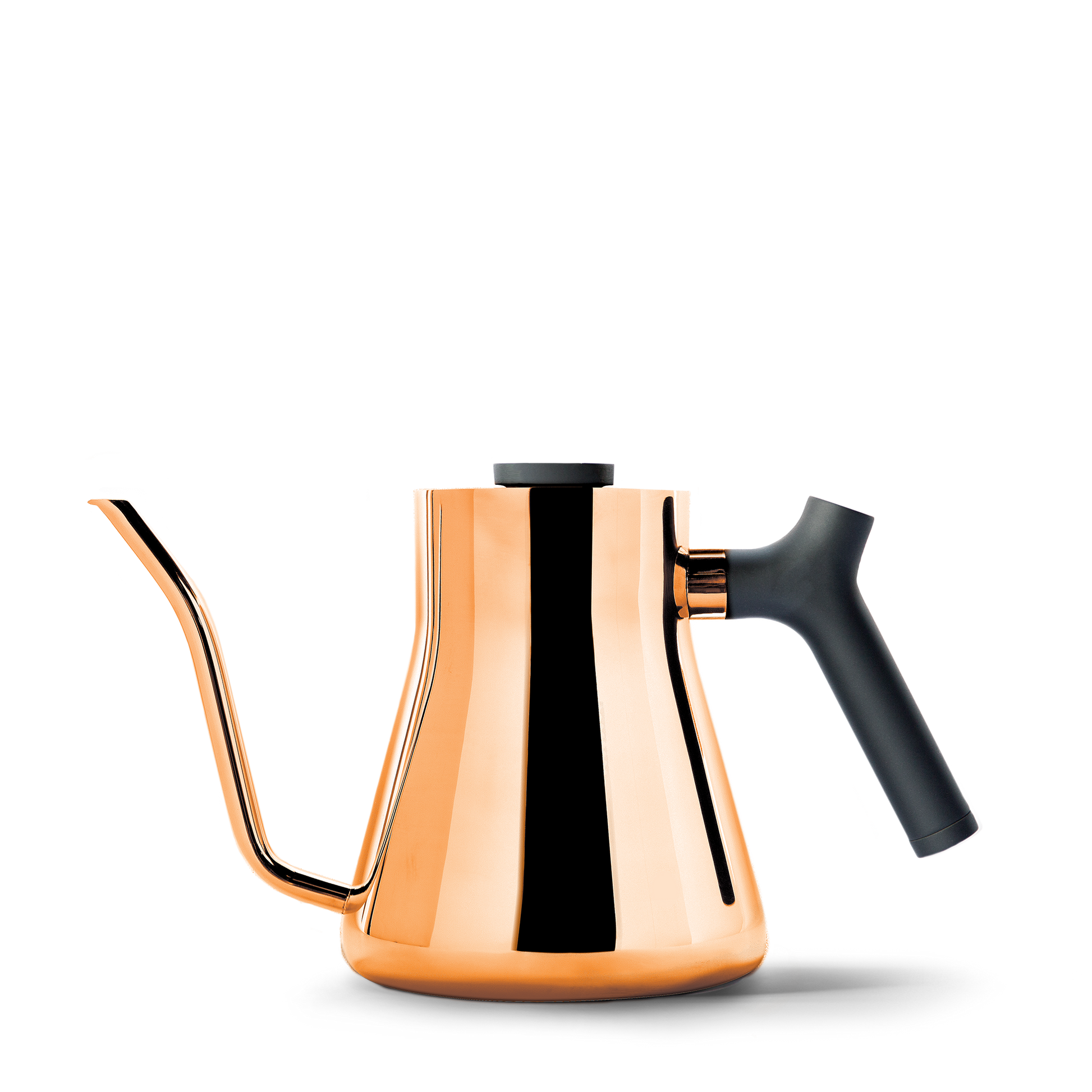 The Stagg Pour-Over Kettle by Fellow Wholesale features a sleek copper exterior with a black handle and knob. Its elegantly curved spout ensures precise pouring, while the counterbalanced handle provides added stability. This modern design is perfect for any contemporary kitchen, all set against a plain white background.
