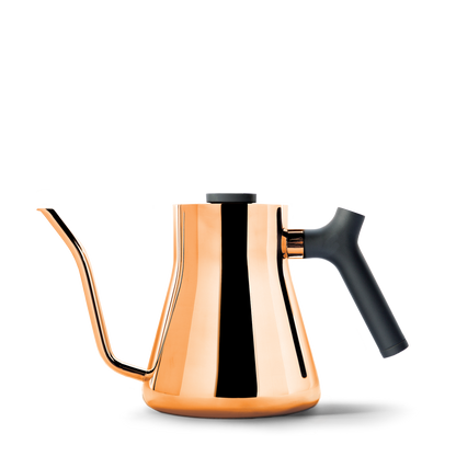 The Stagg Pour-Over Kettle by Fellow Wholesale features a sleek copper exterior with a black handle and knob. Its elegantly curved spout ensures precise pouring, while the counterbalanced handle provides added stability. This modern design is perfect for any contemporary kitchen, all set against a plain white background.