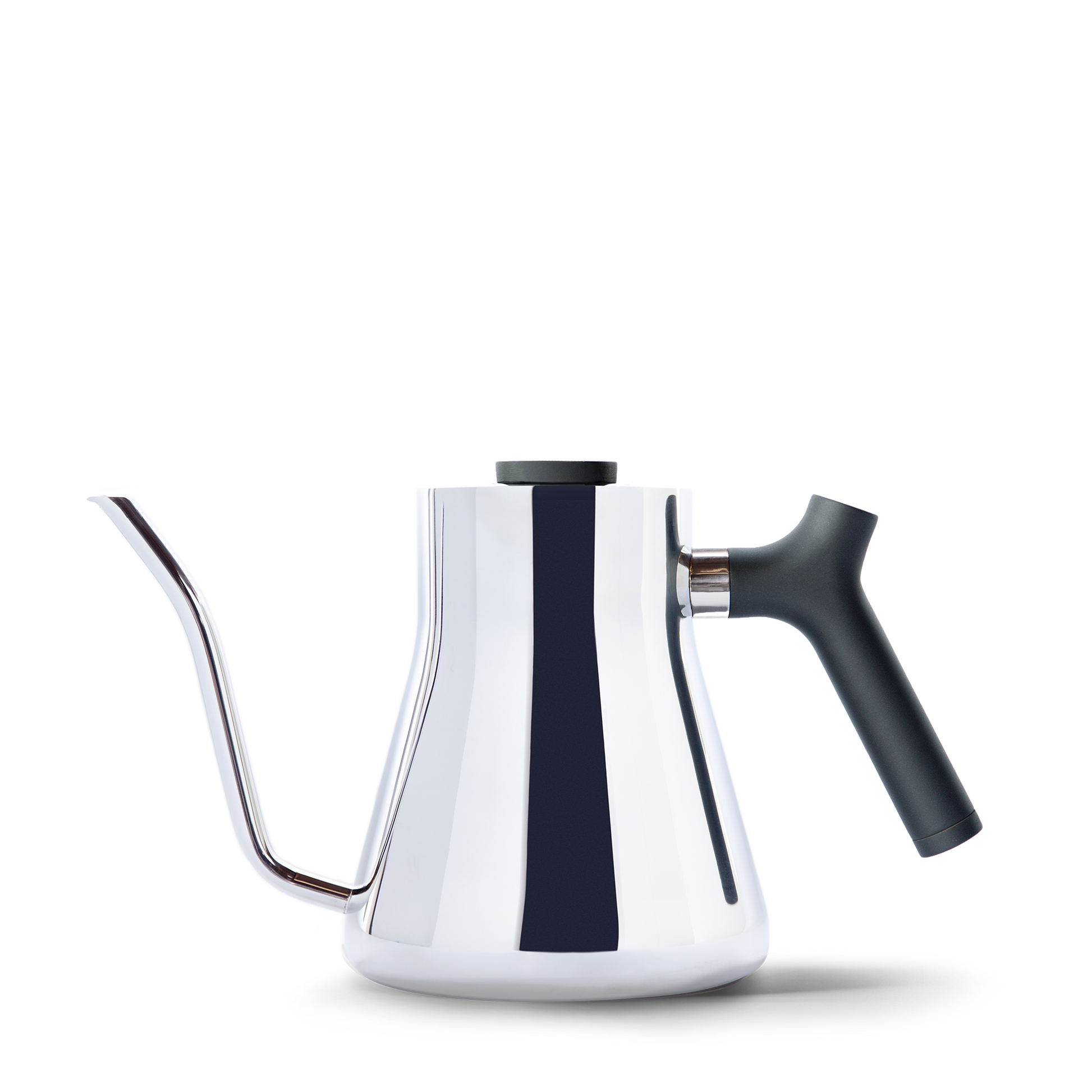 The Stagg Pour-Over Kettle from Fellow Wholesale features a sleek, modern design with a stainless steel gooseneck and a shiny finish. It includes a black counterbalanced handle for ease of use and a precision pour spout for controlled pouring. The minimalist aesthetic is complemented by its integrated brew-range thermometer, all set against a plain white background.