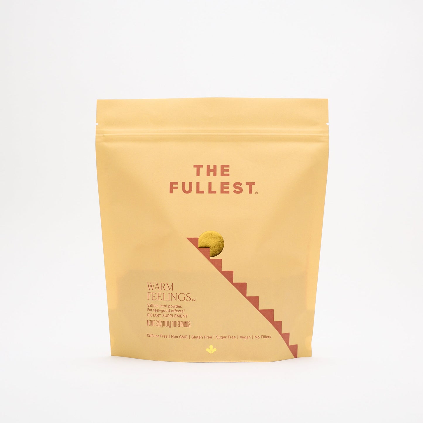 THE FULLEST's Saffron Latte 100-Day Supply comes in a yellow resealable pouch with sun and red stairs art. This vegan, gluten-free, caffeine-free powder supports mood and well-being.
