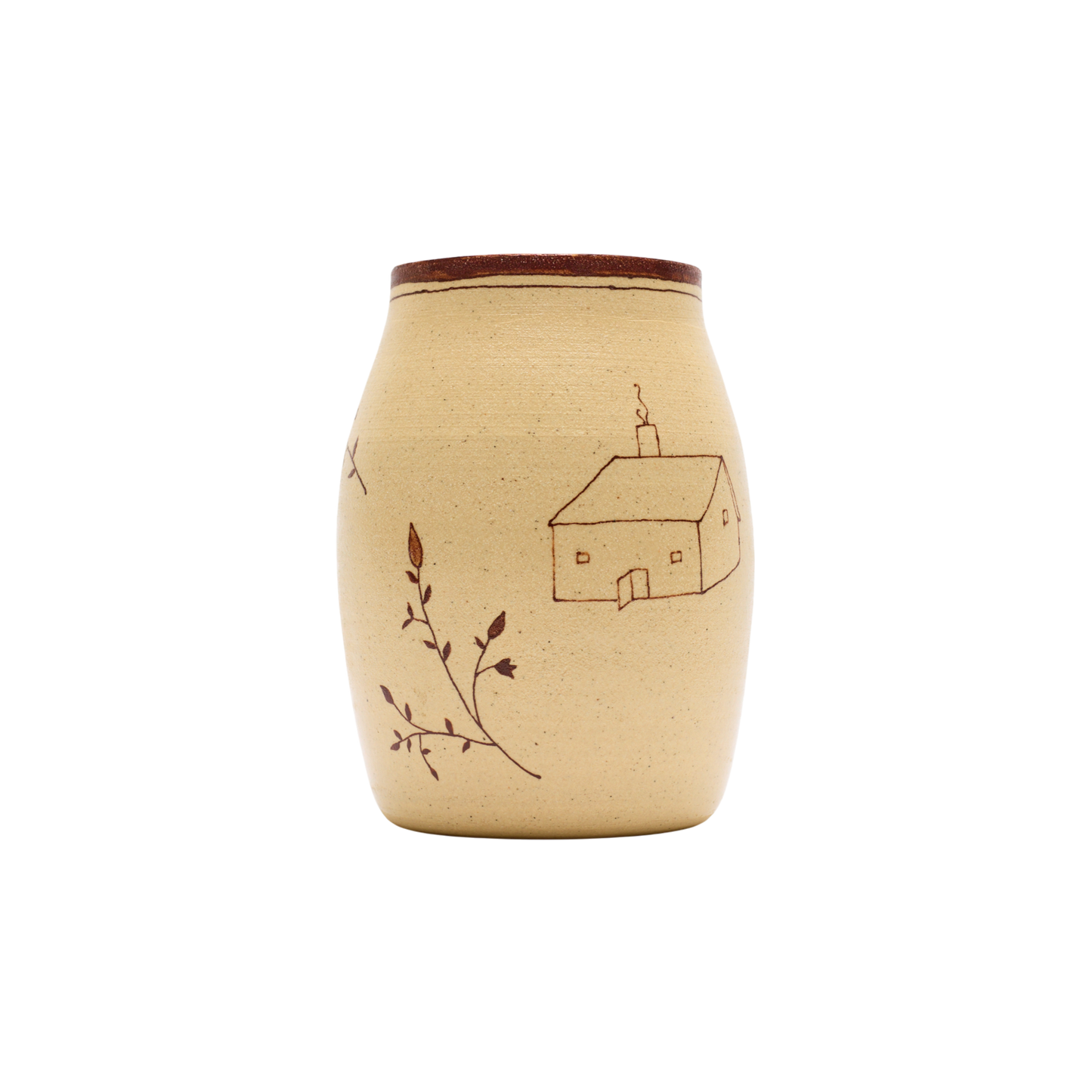 The Baile Homestead Vase by Baile is a handmade ceramic piece with a brown rim, beige surface, a simple house drawing, and hand-painted floral sprigs, shown against a plain white background.