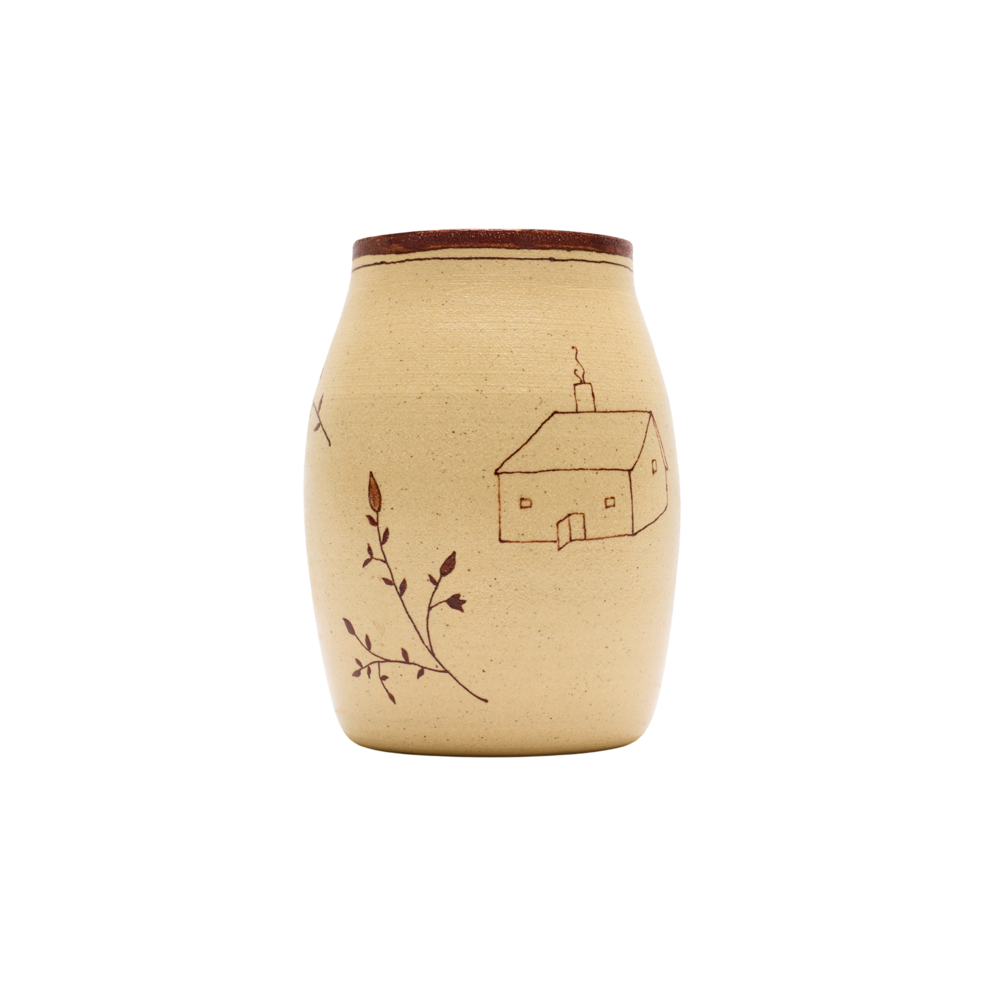 The Baile Homestead Vase by Baile is a handmade ceramic piece with a brown rim, beige surface, a simple house drawing, and hand-painted floral sprigs, shown against a plain white background.