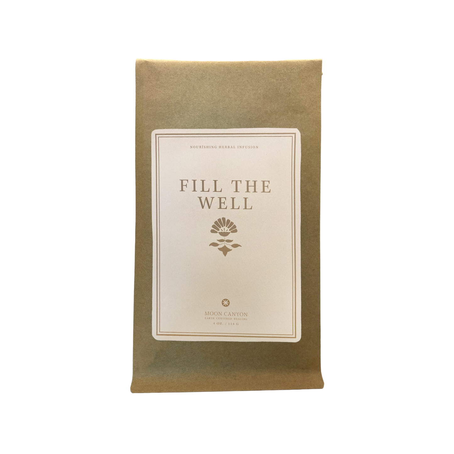 A brown paper package labeled "Fill The Well Herbal Infusion" with a simple floral emblem beneath the text. The label also reads "Nourishing Herbal Infusion," emphasizing self care, and includes the branding "Moon Canyon Healing.