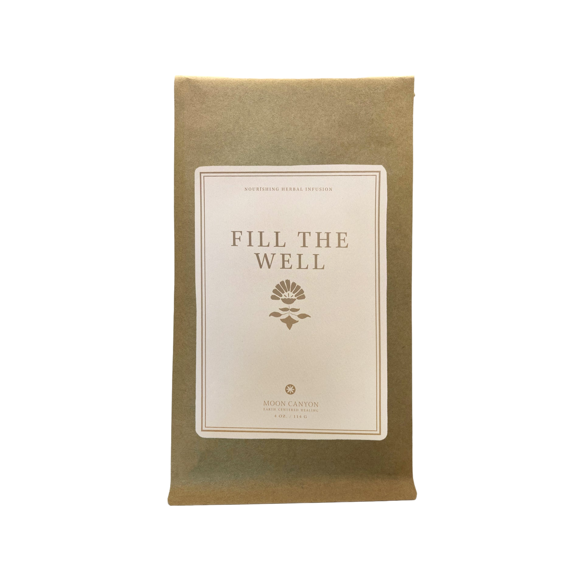 A brown paper package labeled "Fill The Well Herbal Infusion" with a simple floral emblem beneath the text. The label also reads "Nourishing Herbal Infusion," emphasizing self care, and includes the branding "Moon Canyon Healing.