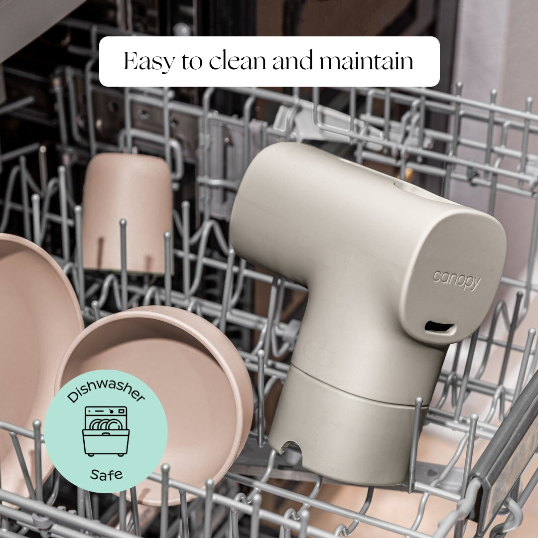 A beige Canopy Bath Tub Filter and its parts sit on the top rack of a dishwasher. Overlay text says, "Easy to clean and maintain," with a "Dishwasher Safe" icon in the bottom left corner. Fulfilled by Canopy.