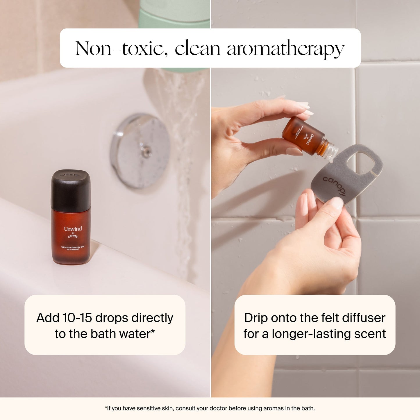 Canopy Bath Tub Filter shown beside a bathtub, with hands adding oil drops to a felt diffuser—add 10–15 drops to bath water or drip onto diffuser for a lasting scent. Fulfilled by Canopy.