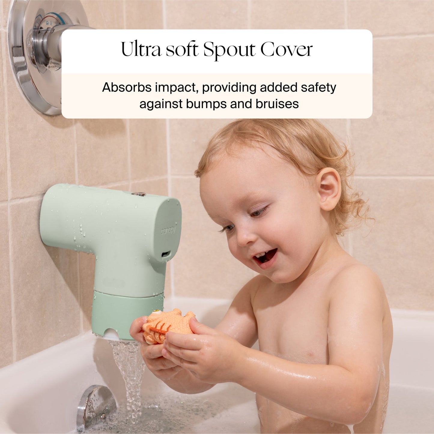 White Lavender Jade Butter Seafoam Oat
A young child plays in the bathtub with a sponge. A soft, mint-green Canopy Baby Bath Tub Filter is fitted on the faucet for added safety as water flows out. Text overlay highlights Canopy's safety benefits.