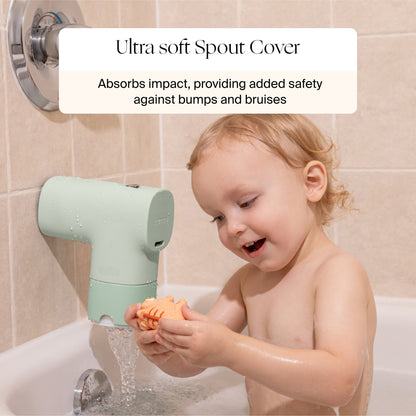 White Lavender Jade Butter Seafoam Oat
A young child plays in the bathtub with a sponge. A soft, mint-green Canopy Baby Bath Tub Filter is fitted on the faucet for added safety as water flows out. Text overlay highlights Canopy's safety benefits.