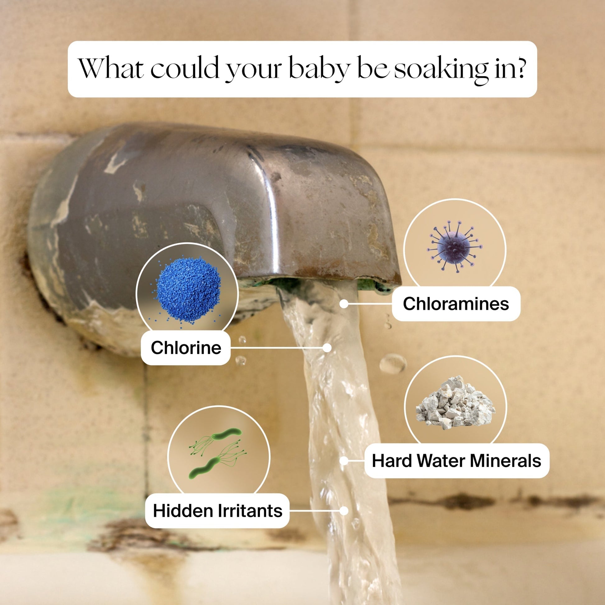 White Lavender Jade Butter Seafoam Oat
A bathtub faucet flows over mold stains, with labels showing bathwater contaminants—chlorine, hard water minerals, hidden irritants. Text reads: "What could your baby be soaking in?" Discover Canopy’s Baby Bath Tub Filter for cleaner bath time.