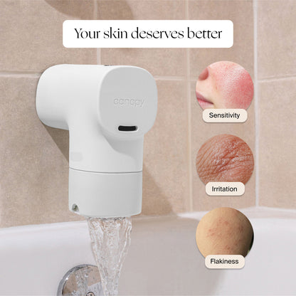 A white Canopy Bath Tub Filter dispenses water into a tub beneath "Your skin deserves better." Three circles display labeled close-ups of sensitivity, irritation, and flakiness. Fulfilled by Canopy.