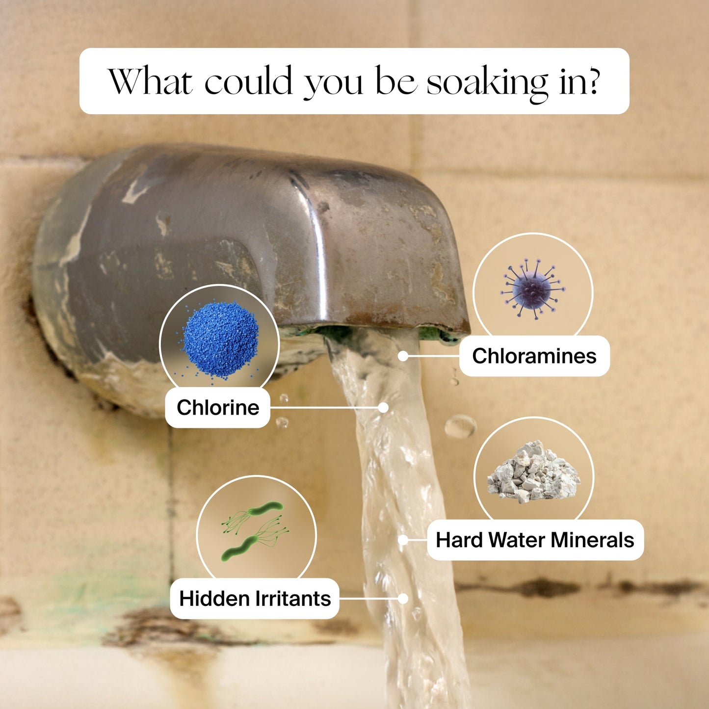 Water flows from a bathtub faucet, surrounded by labels for chlorine, chloramines, irritants, and hard water minerals. Dirty tiles linger nearby. Text: "What could you be soaking in? Discover the Canopy Bath Tub Filter.