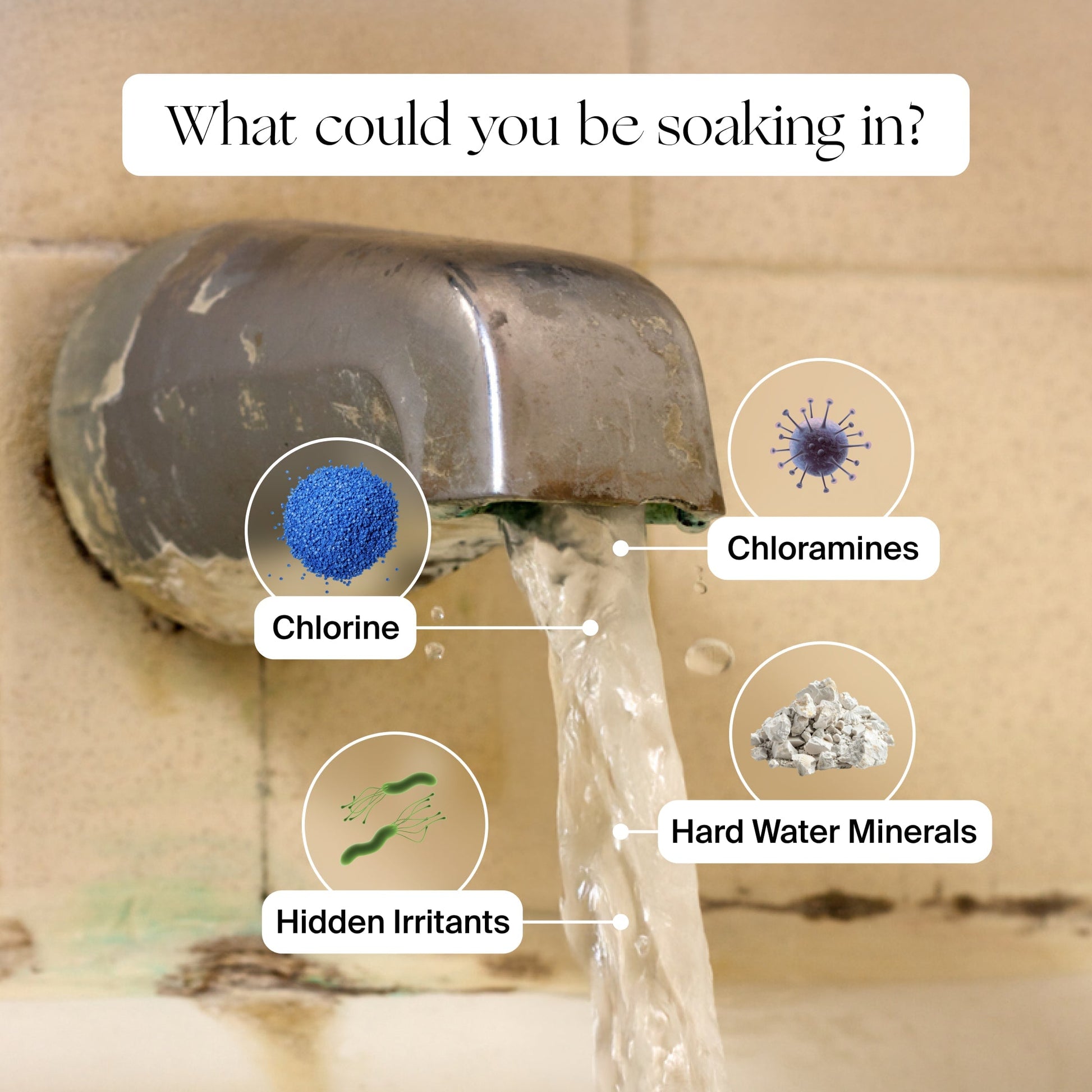 Water flows from a bathtub faucet, surrounded by labels for chlorine, chloramines, irritants, and hard water minerals. Dirty tiles linger nearby. Text: "What could you be soaking in? Discover the Canopy Bath Tub Filter.