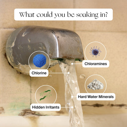 Water flows from a bathtub faucet, surrounded by labels for chlorine, chloramines, irritants, and hard water minerals. Dirty tiles linger nearby. Text: "What could you be soaking in? Discover the Canopy Bath Tub Filter.