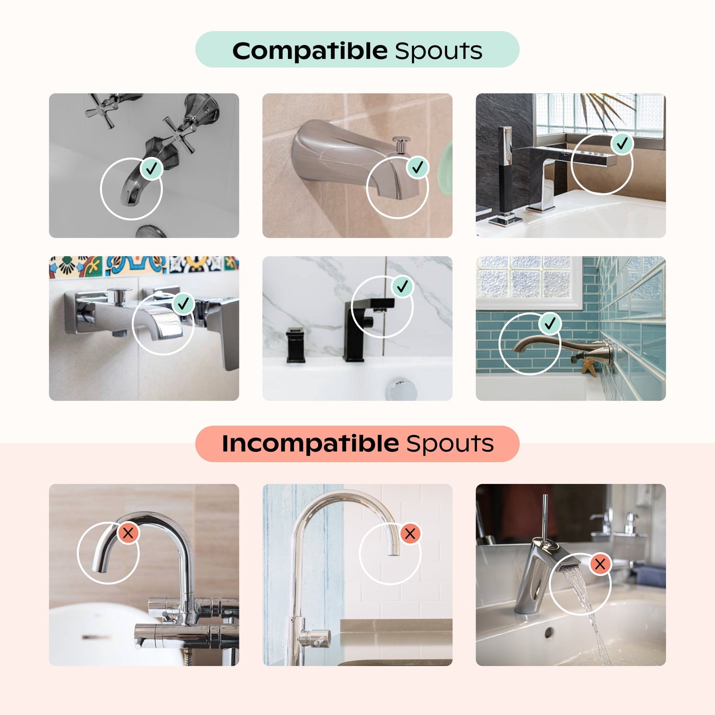 A chart of eight bath tub spouts: the top shows five compatible options for the Canopy Bath Tub Filter with check marks, and the bottom shows three incompatible spouts, each marked with a red X.