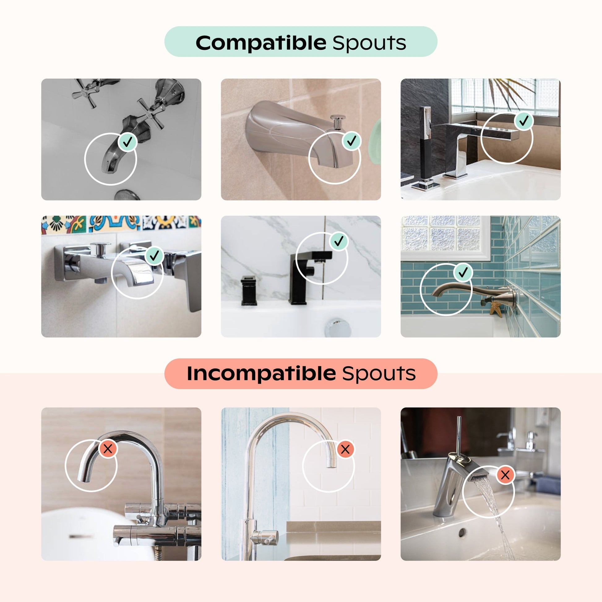 White Lavender Jade Butter Seafoam Oat
A comparison chart displays eight faucet spouts: the top six have green check marks as “Compatible Spouts Fulfilled by Canopy” for the Canopy Baby Bath Tub Filter, while the bottom three show red X's as “Incompatible Spouts.”.