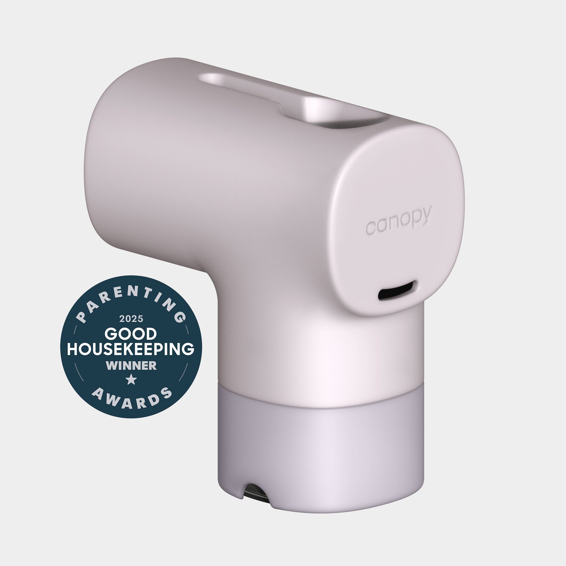 A white Canopy Bath Tub Filter with a rounded, modern design appears next to a circular badge reading "2025 Good Housekeeping Parenting Awards Winner." Fulfilled by Canopy.