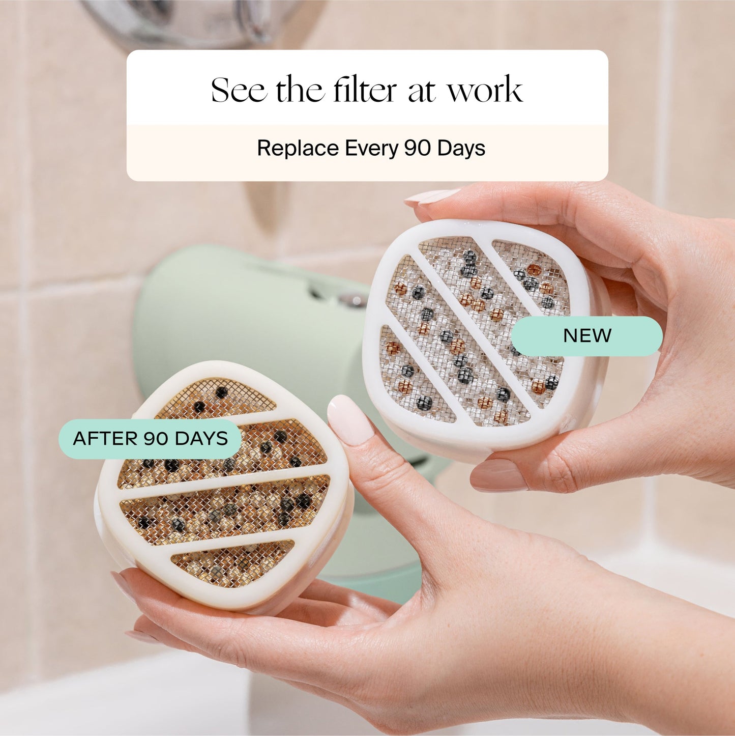 Two hands hold Canopy Bath Tub Filter cartridges: one "NEW" with clean beads, the other "AFTER 90 DAYS" with discolored beads. Text above: "See the Canopy filter at work. Replace Every 90 Days." Conveniently fulfilled by Canopy.
