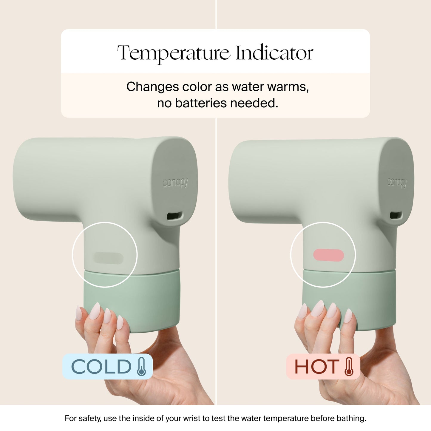 A hand holds the Canopy Bath Tub Filter, which changes color—greenish for cold (left), pale white for hot (right)—to indicate water temperature. This accessory needs no batteries.
