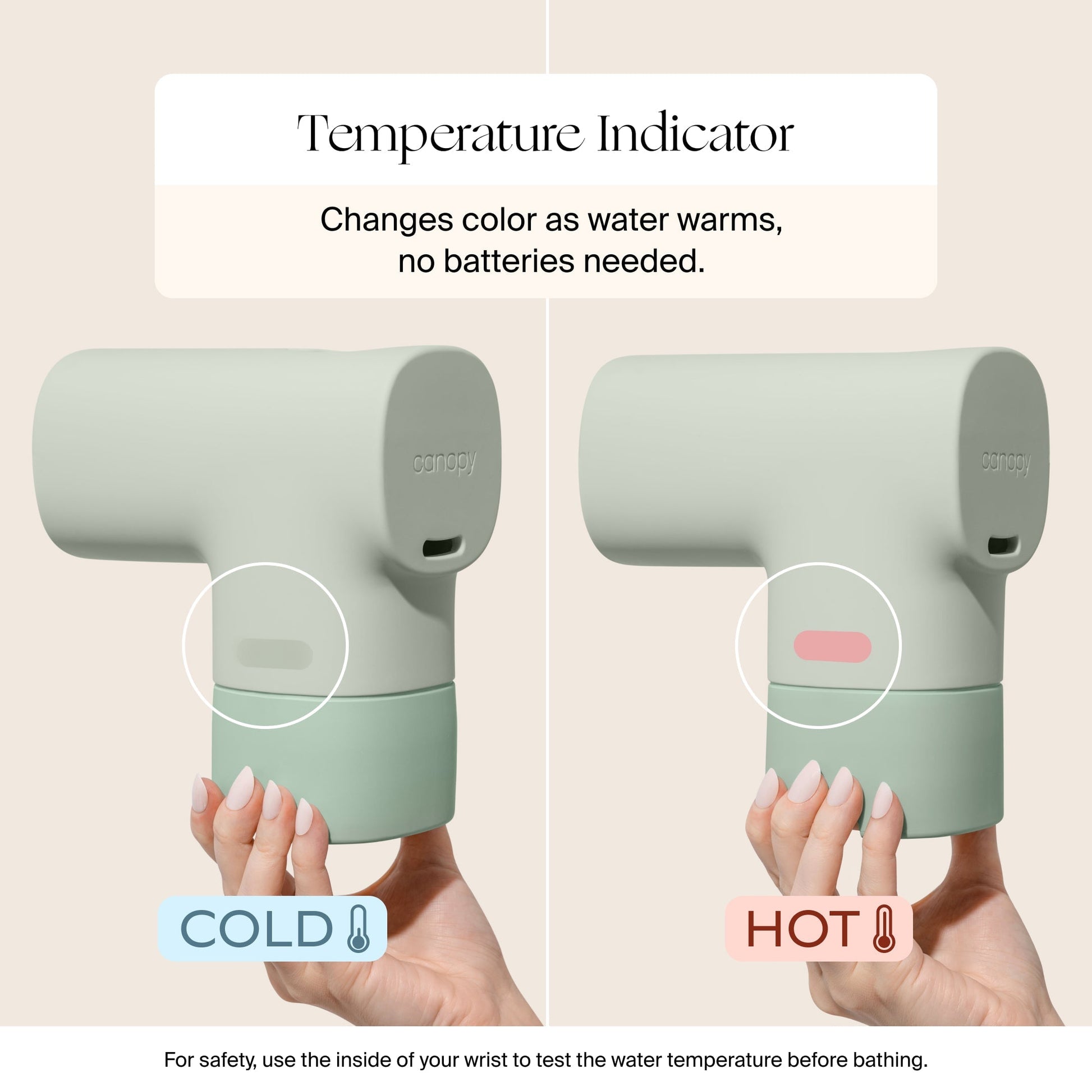 A hand holds the Canopy Bath Tub Filter, which changes color—greenish for cold (left), pale white for hot (right)—to indicate water temperature. This accessory needs no batteries.