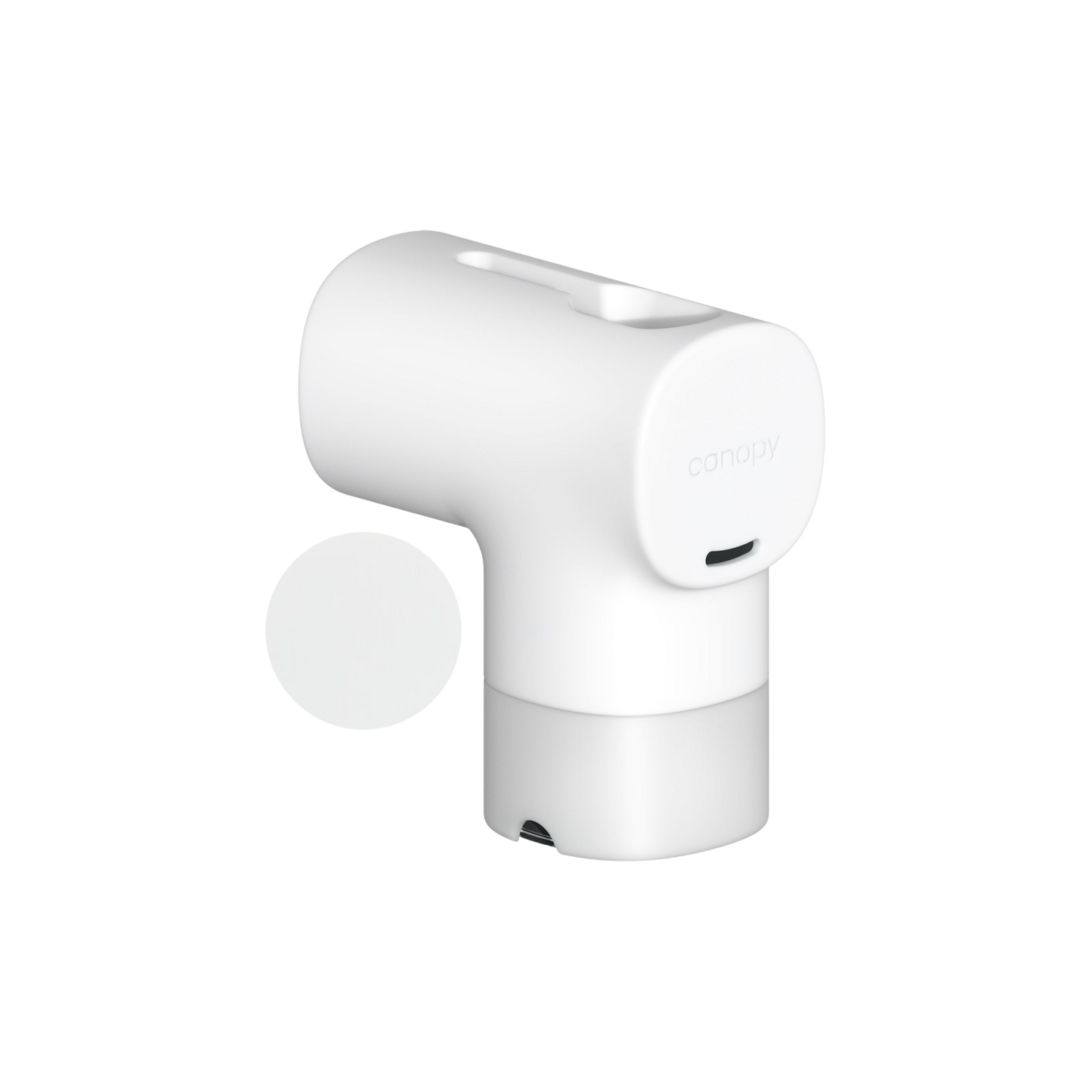 The Canopy Bath Tub Filter is a modern white cylindrical device with a rounded top and front branding. Designed for sensitive skin, it has a top opening and charging port below, making it ideal for effective chlorine removal.