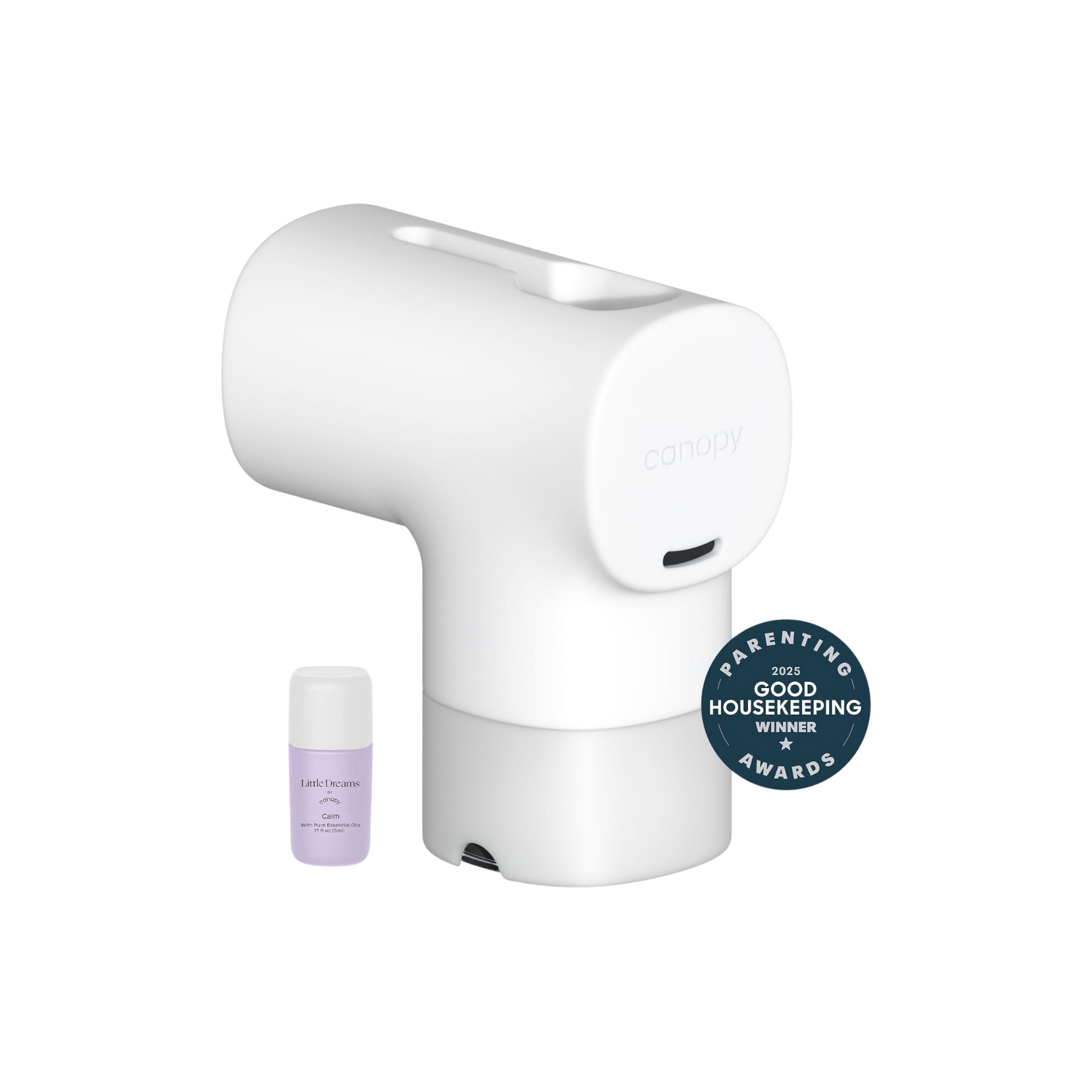 White A Canopy Baby Bath Tub Filter with a small essential oil bottle beside it—ideal for sensitive skin. The product features a "Parenting Good Housekeeping Awards Winner 2023" badge.
