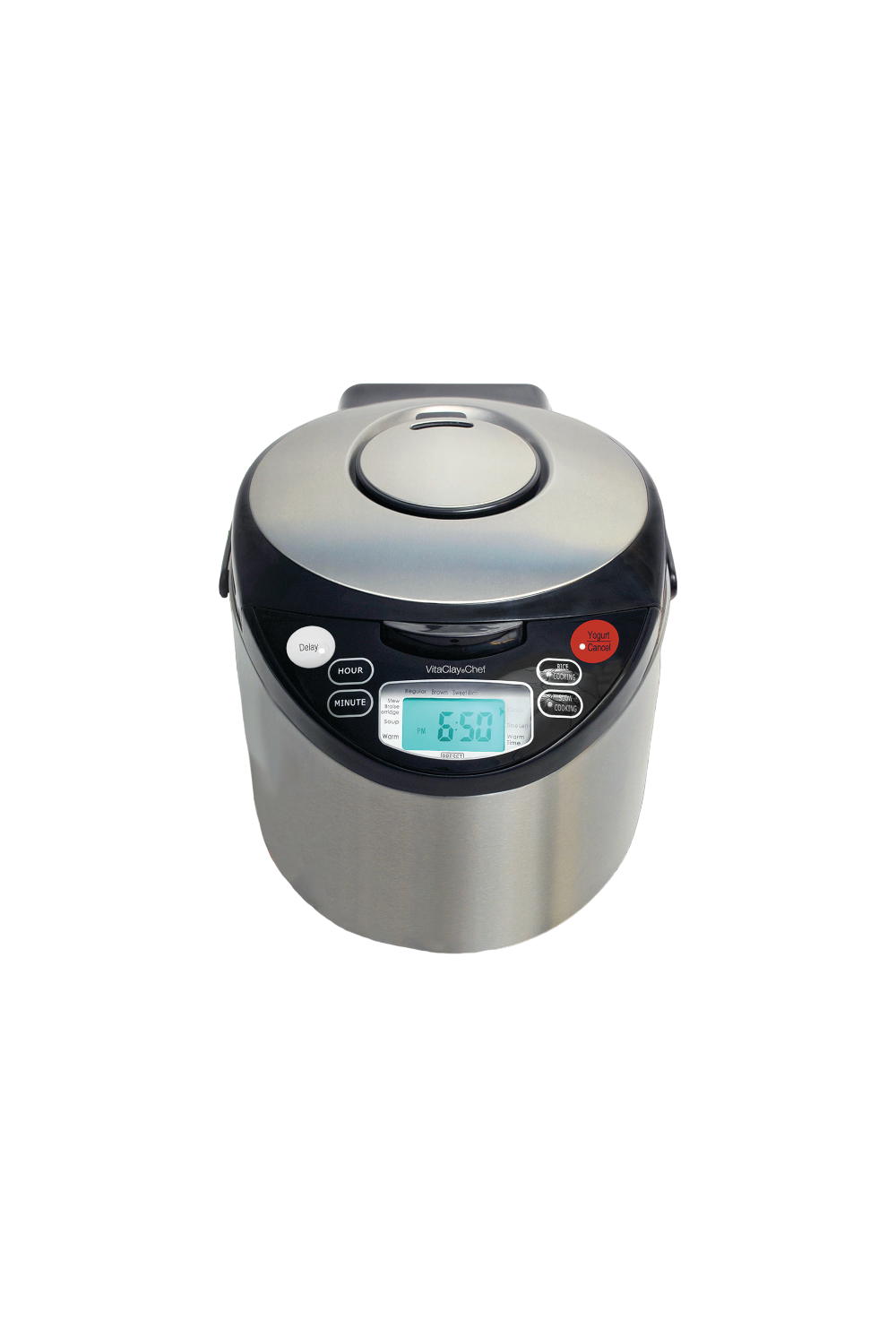 The VitaClay 4-in-1 Organic Clay Multicooker by VitaClay® Chef is a versatile kitchen appliance with a sleek stainless steel body and black lid. Its control panel includes multiple buttons and a compact display reading "6:50," offering a fusion of modern digital technology and convenience.