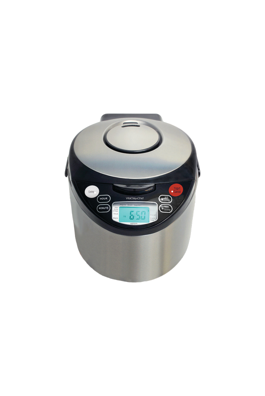 The VitaClay 4-in-1 Organic Clay Multicooker by VitaClay® Chef is a versatile kitchen appliance with a sleek stainless steel body and black lid. Its control panel includes multiple buttons and a compact display reading "6:50," offering a fusion of modern digital technology and convenience.