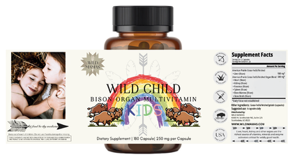 A bottle labeled "Wild Child - Complete Multivitamin For Kids" by Wild Mamas features a rainbow, two bison, leaves, supplement facts, ingredients, and a photo of two smiling children lying together.