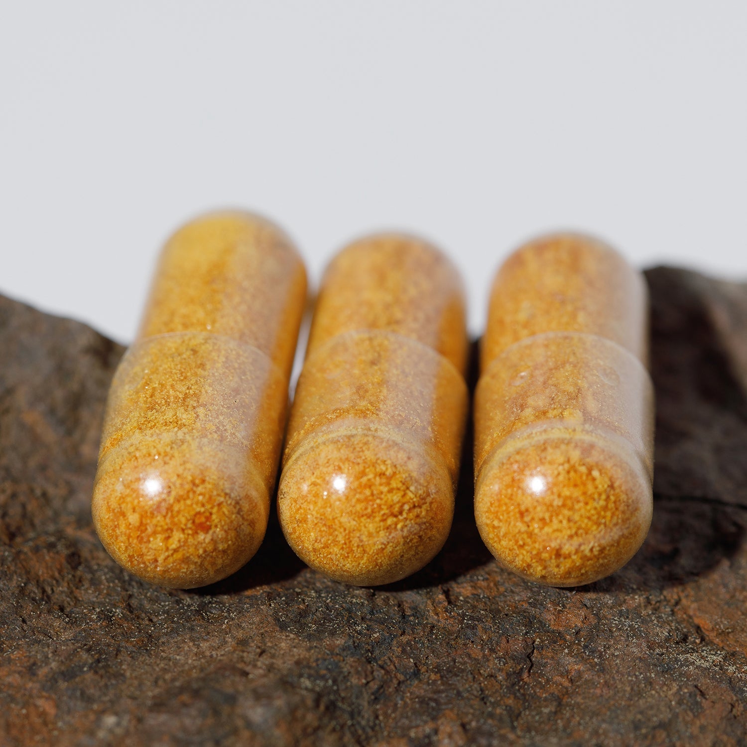 Three clear capsules filled with yellow-orange WildMamas Wild Salmon Roe powder, rich in Omega-3 nutrients, are placed side by side on a rough, dark brown rock surface against a plain light background.