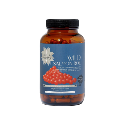 A jar of WildMamas Wild Salmon Roe features bright orange roe on the label with blue and white text, a silver "WildMamas" starburst, and highlights this Omega-3 superfood. It comes topped with a black screw-on lid.