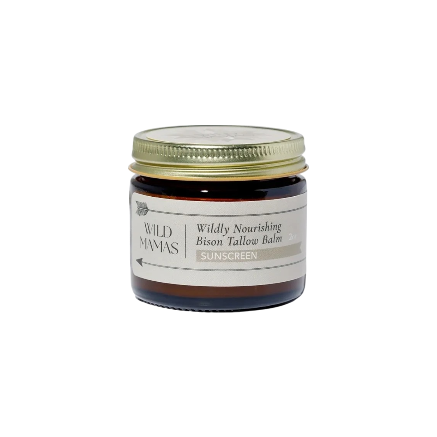 A small brown glass jar with a gold lid labeled "Wild Mamas Wildly Nourishing Bison Tallow Balm - Sunscreen" sits against a white background, highlighting regenerative skincare with Non-Nano Zinc Oxide.