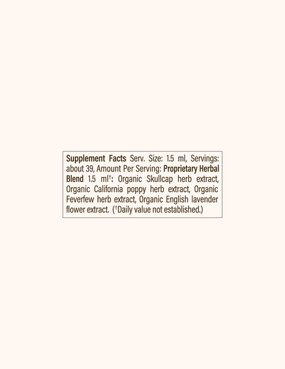 The supplement facts label for the Head Helper Tincture by WOODEN SPOON HERBS indicates a serving size of 1.5 ml with 39 servings per container. It includes a proprietary herbal blend comprising organic skullcap herb extract, organic poppy herb extract, organic feverfew herb extract, and organic English lavender flower extract.