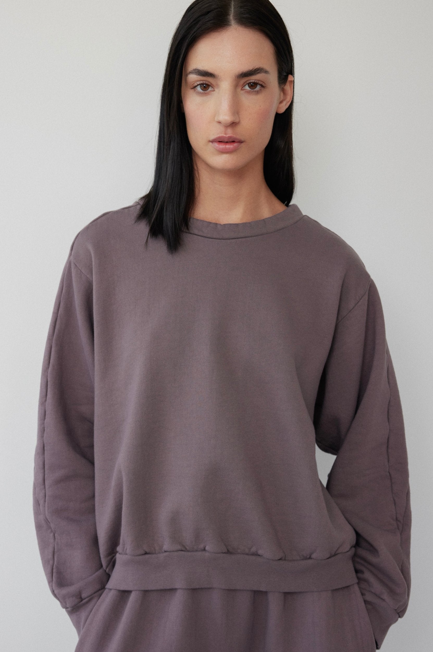 A person with long dark hair wears the Wol Hide Easy Winter Sweatshirt in Mushroom, a loose-fitting, long-sleeved, gray crew neck made from organic cotton fleece. They stand against a simple, pale background.