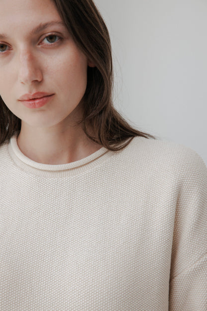 A woman with long brown hair wearing the oversized Seed Sweater in a light beige shade from Wol Hide, crafted from organic cotton, embodies effortless style against a light gray background.