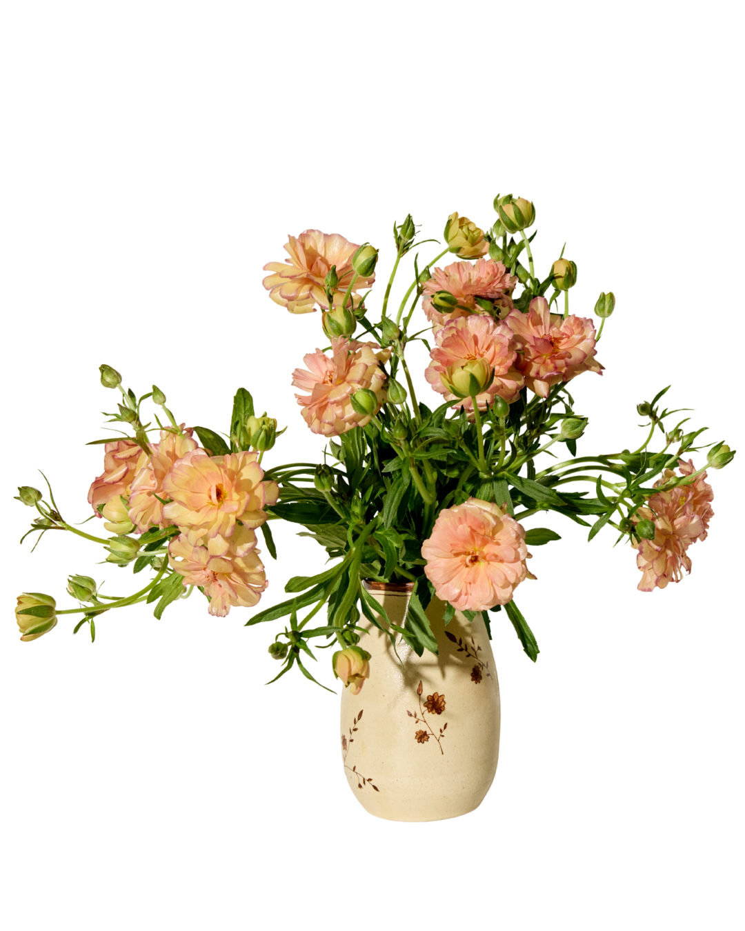 The Baile Homestead Vase by Baile, a cream-colored handmade ceramic piece with small floral details, holds light pink ranunculus and green foliage against a white background.